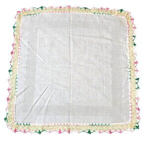 Crochet Border Handkerchief White Pink Green Trim Hanky Cottagecore Mid Century